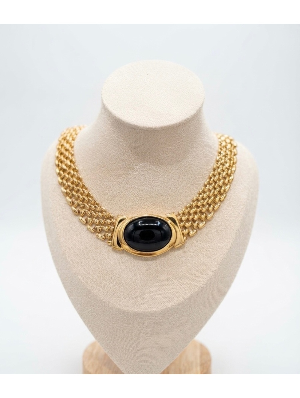 Vintage Napier Gold Tone Chain Necklace with Black Cabochon Centerpiece